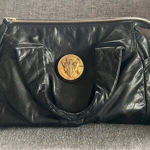 Gucci Black Leather Satchel with Gold Medallion